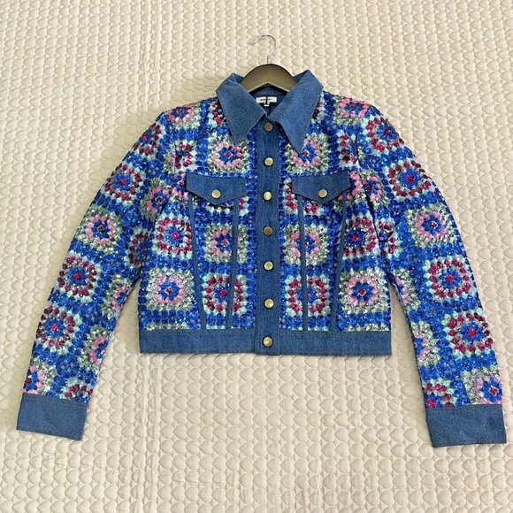 $805 NWT Manoush Sequined Denim Jacket US 6 Women's Blue